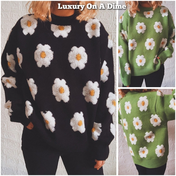 Contrasting Raised Retro Daisy Flower Pullover Long Sleeve Knit Sweater Shirt - Picture 7 of 7